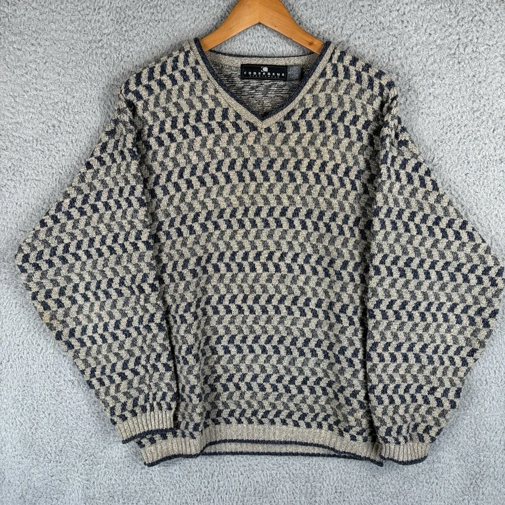 Vintage 90s Sweater Mens Medium 3D Knit V Neck Geometric Made USA‎